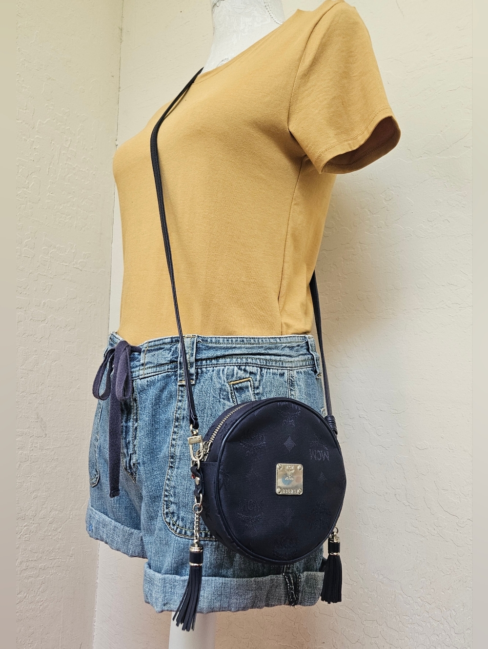 MCM Blue Nylon Mini 5.5" Tambourine Shoulder Crossbody Bag AUTHENTIC